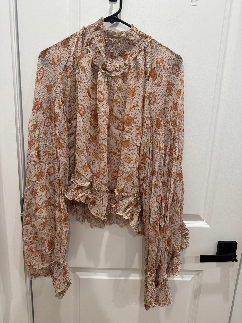 Free People Floral Ruffle Tie-Neck Blouse - Pink/Cream/Gold